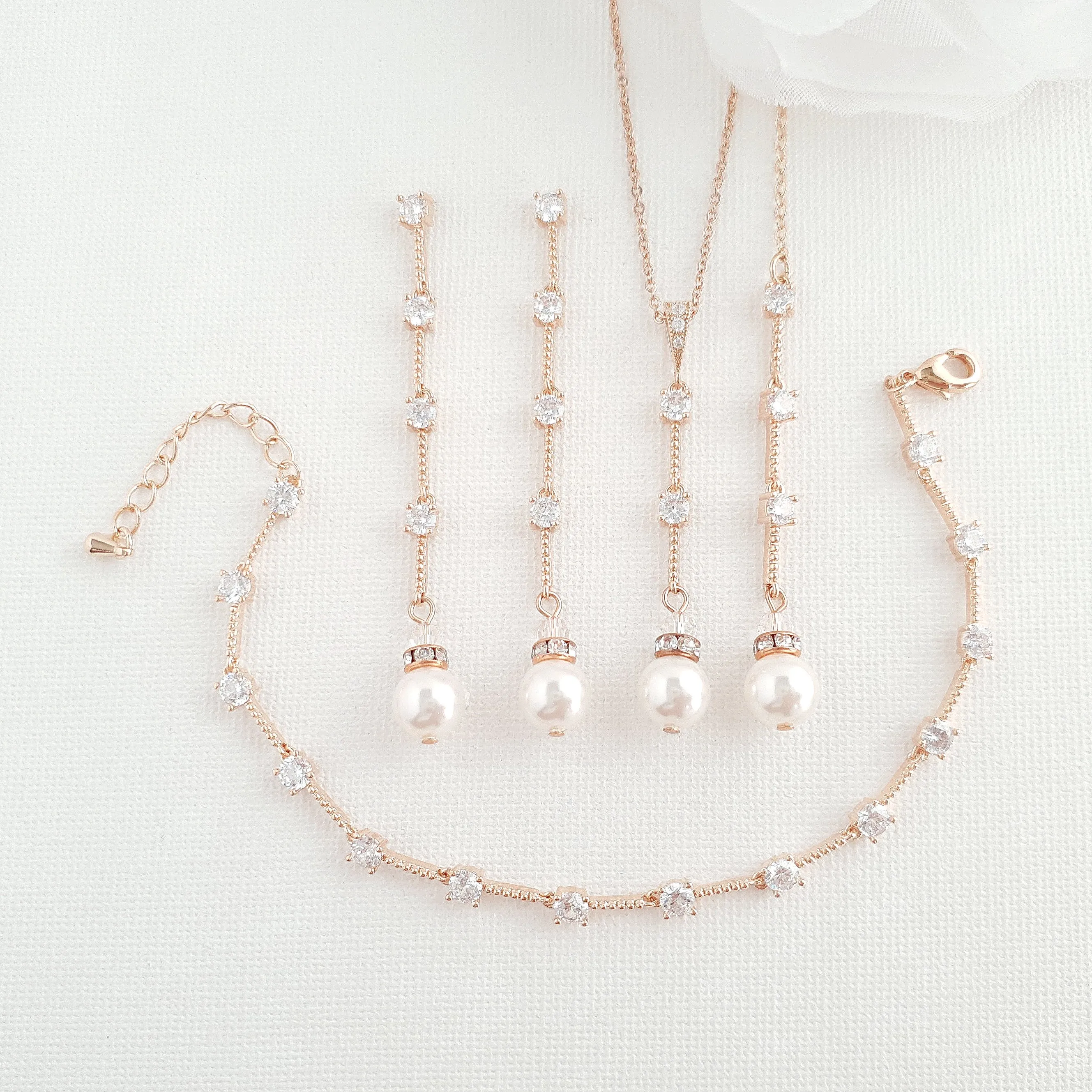 Gold Jewelry Set With Pearl Drop Earrings Necklace Bracelet-Ginger