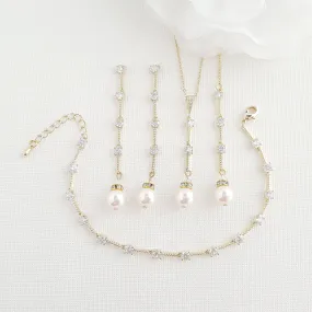 Gold Jewelry Set With Pearl Drop Earrings Necklace Bracelet-Ginger