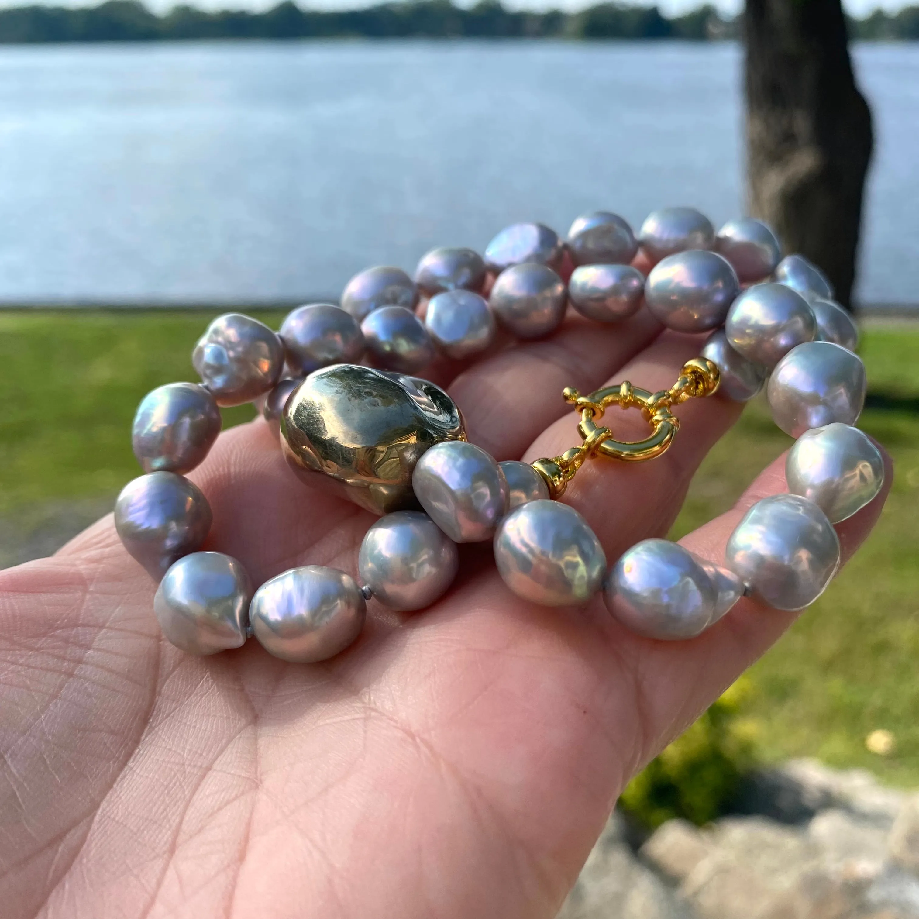 Grey Pearl Necklace with Gold Vermeil Plated Silver Details, 18inches, Marine Clasp