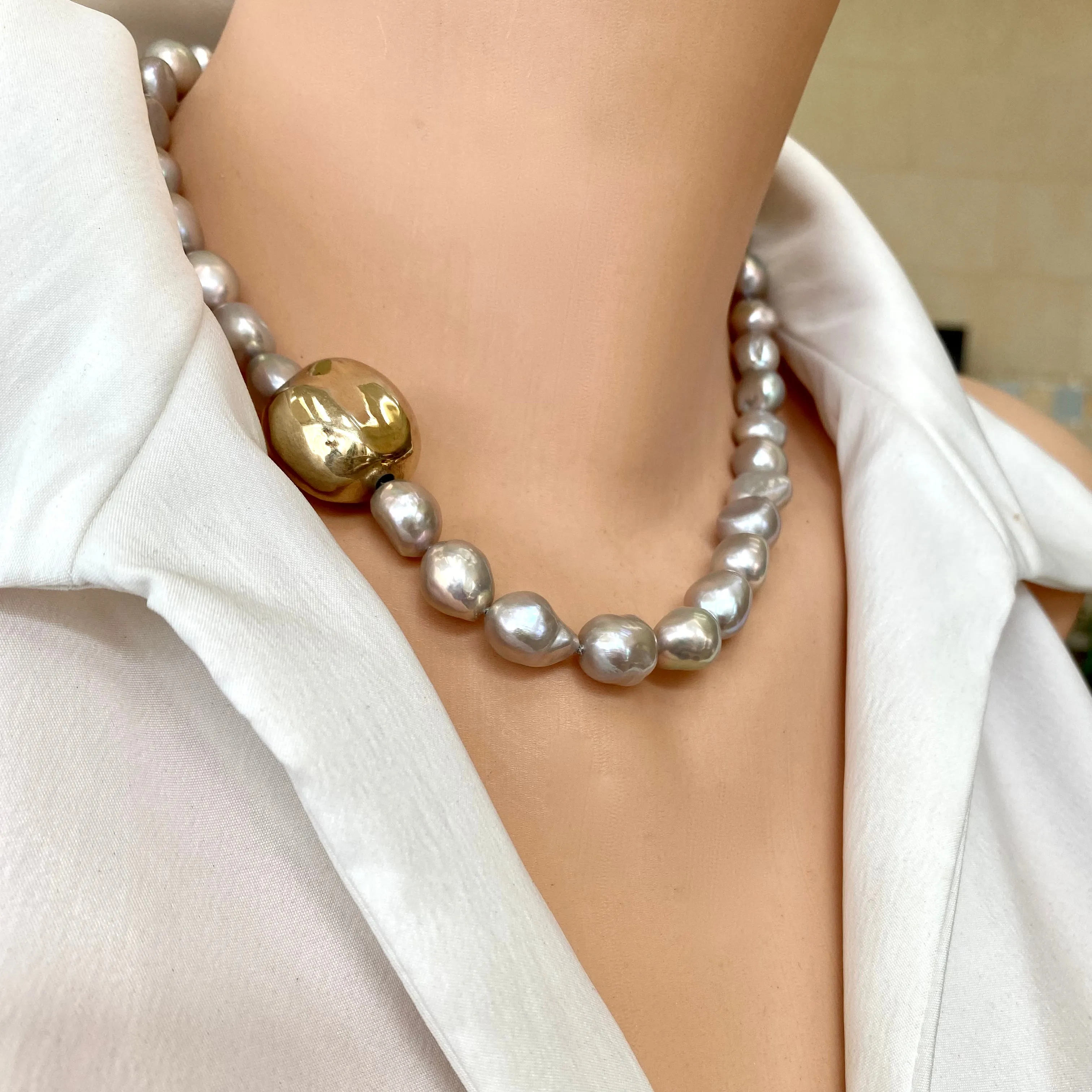 Grey Pearl Necklace with Gold Vermeil Plated Silver Details, 18inches, Marine Clasp