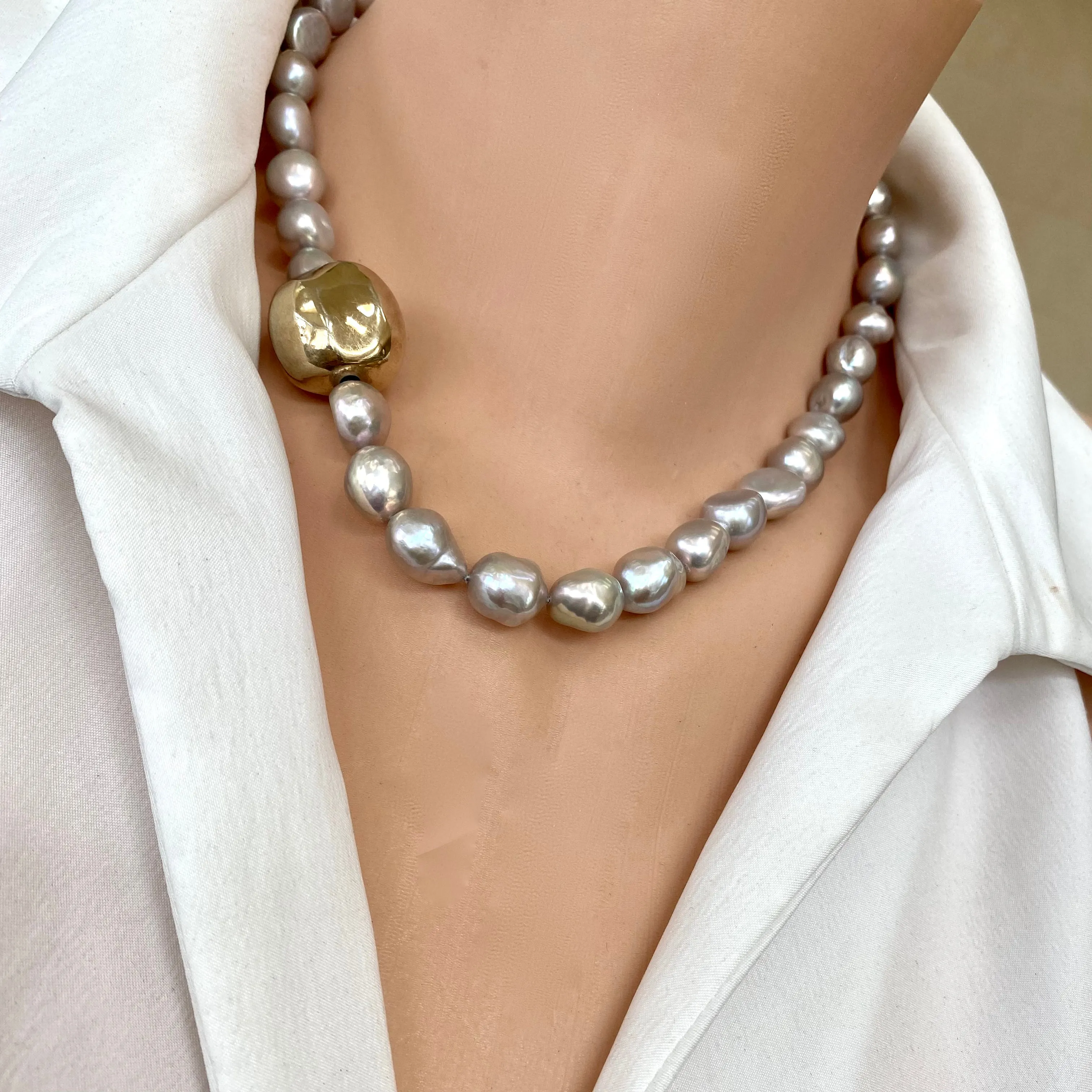 Grey Pearl Necklace with Gold Vermeil Plated Silver Details, 18inches, Marine Clasp