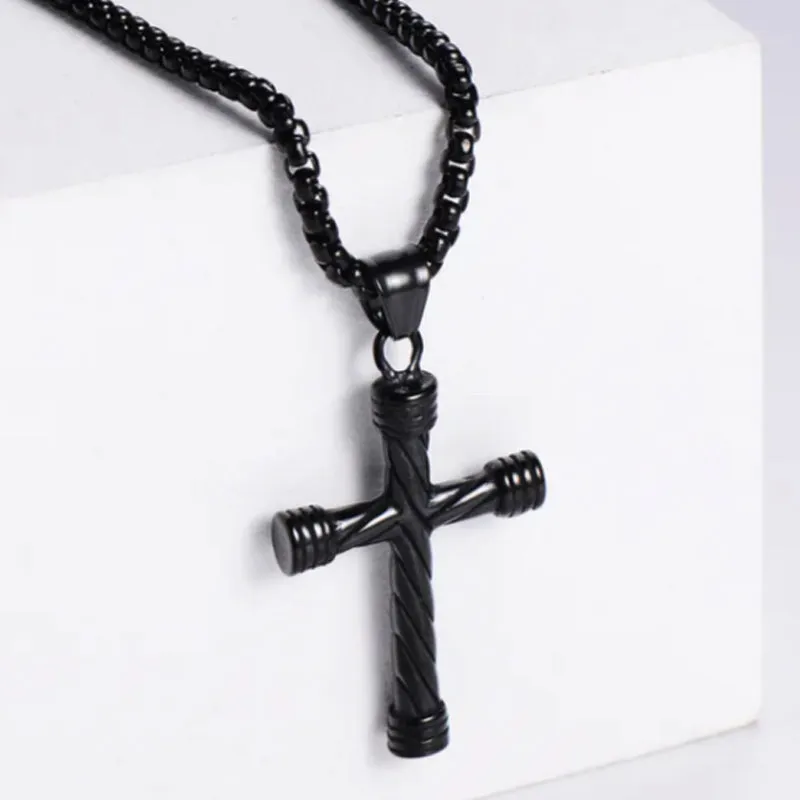 Gunmetal Gothic Black Necklace with Striped Cross Pendant and Chain