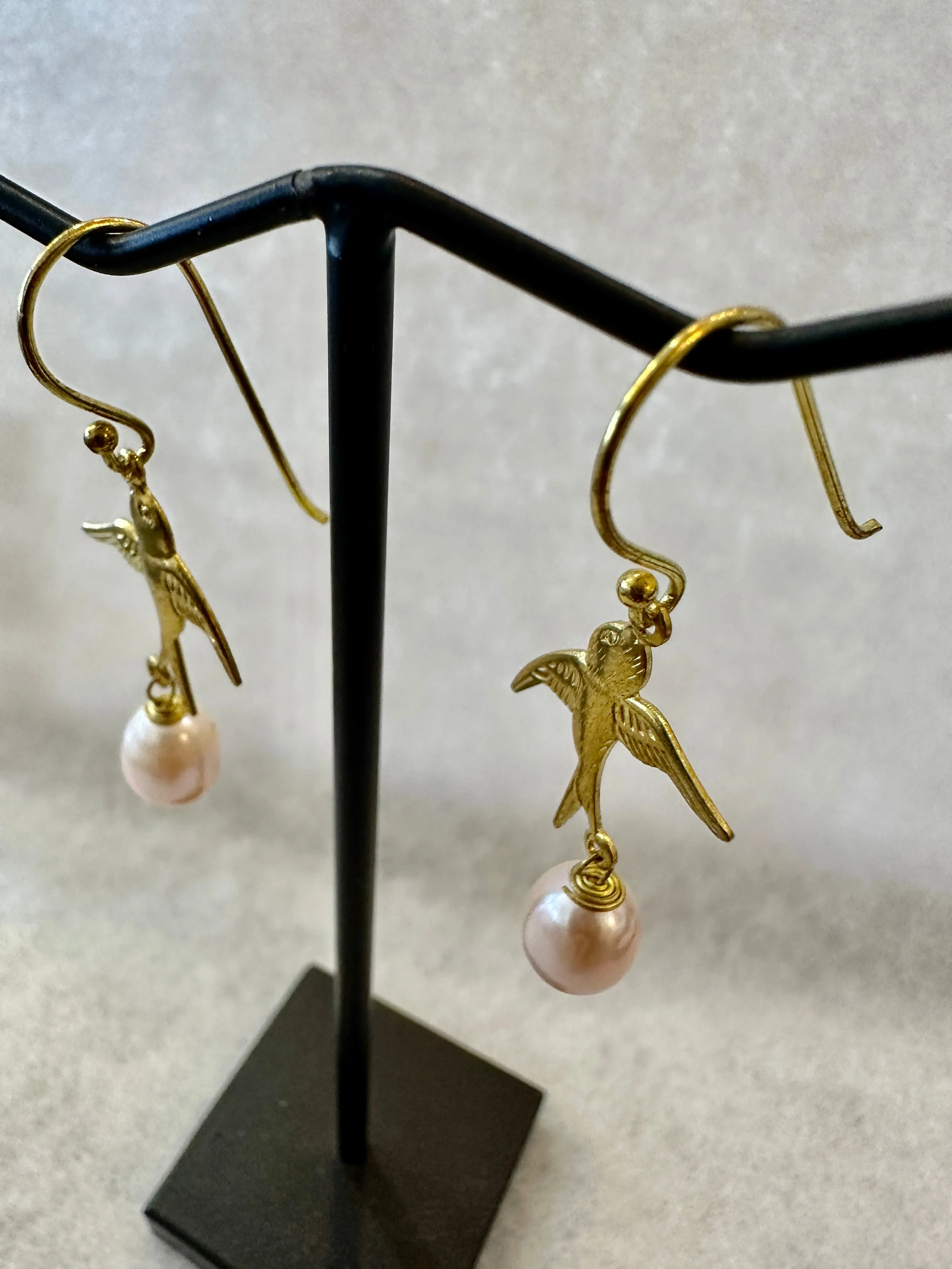 Handmade Swallow Birds With Pearl Drop Earrings