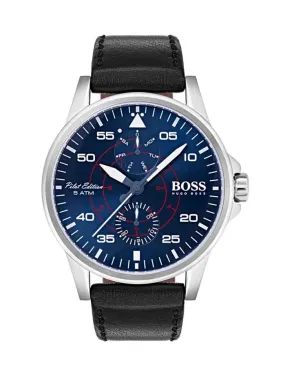 Hugo Boss Mens Aviator Watch - Stainless Steel -Black Leather Strap -Day/Seconds