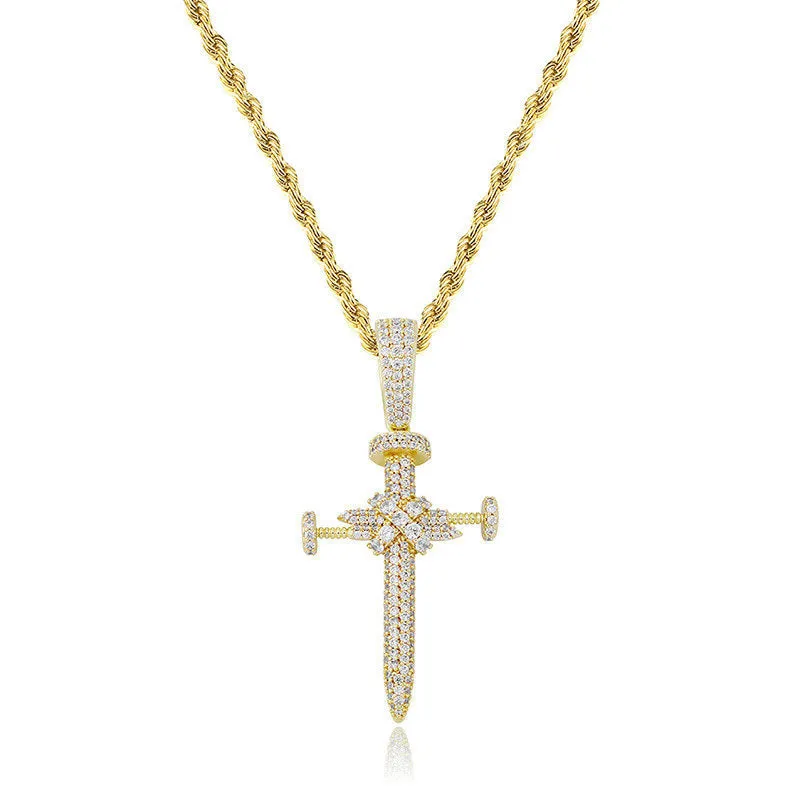 Iced Out Nail Cross Pendant - Gold