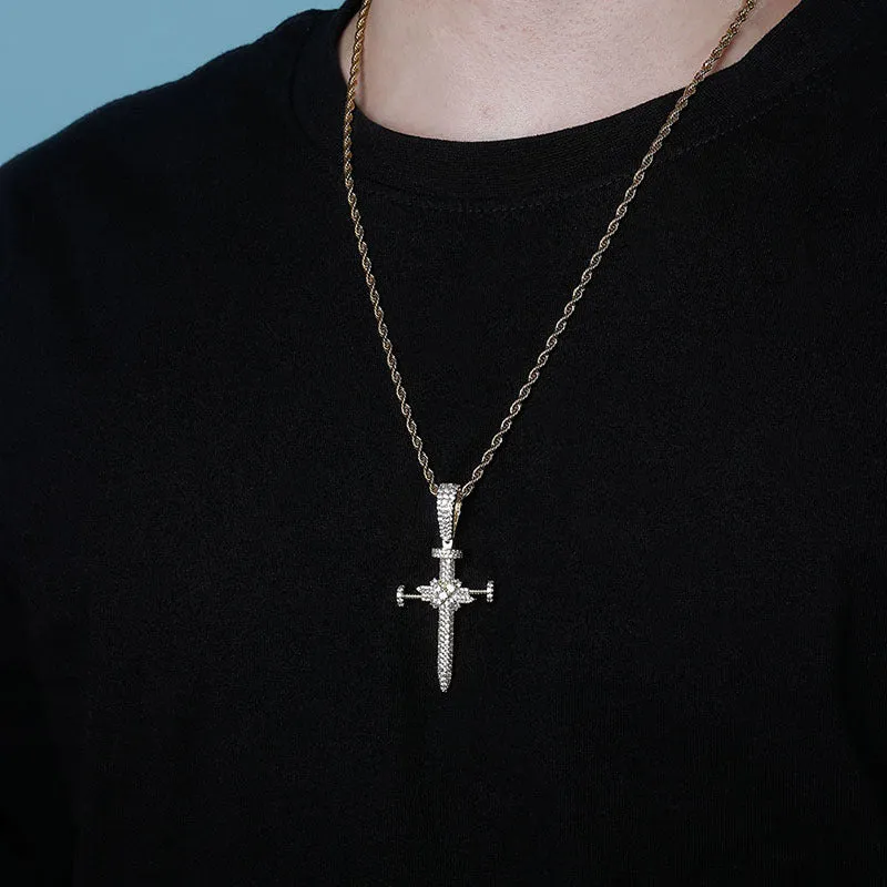 Iced Out Nail Cross Pendant - Gold