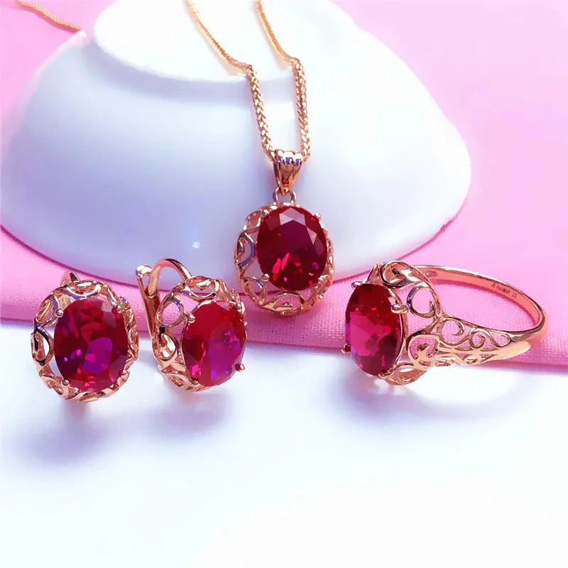 Inlaid Ruby Hollow Design Jewelry Set