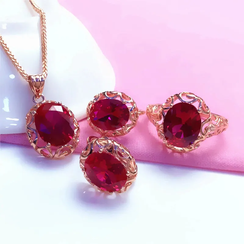 Inlaid Ruby Hollow Design Jewelry Set