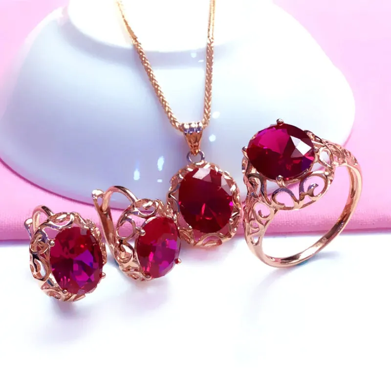 Inlaid Ruby Hollow Design Jewelry Set