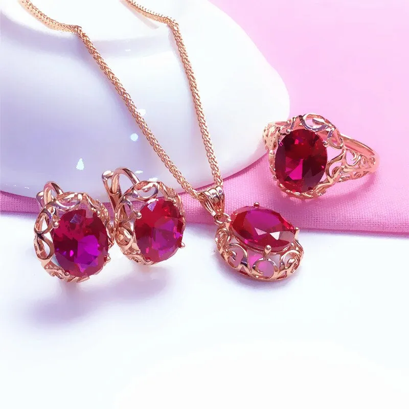 Inlaid Ruby Hollow Design Jewelry Set