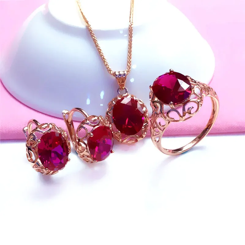 Inlaid Ruby Hollow Design Jewelry Set