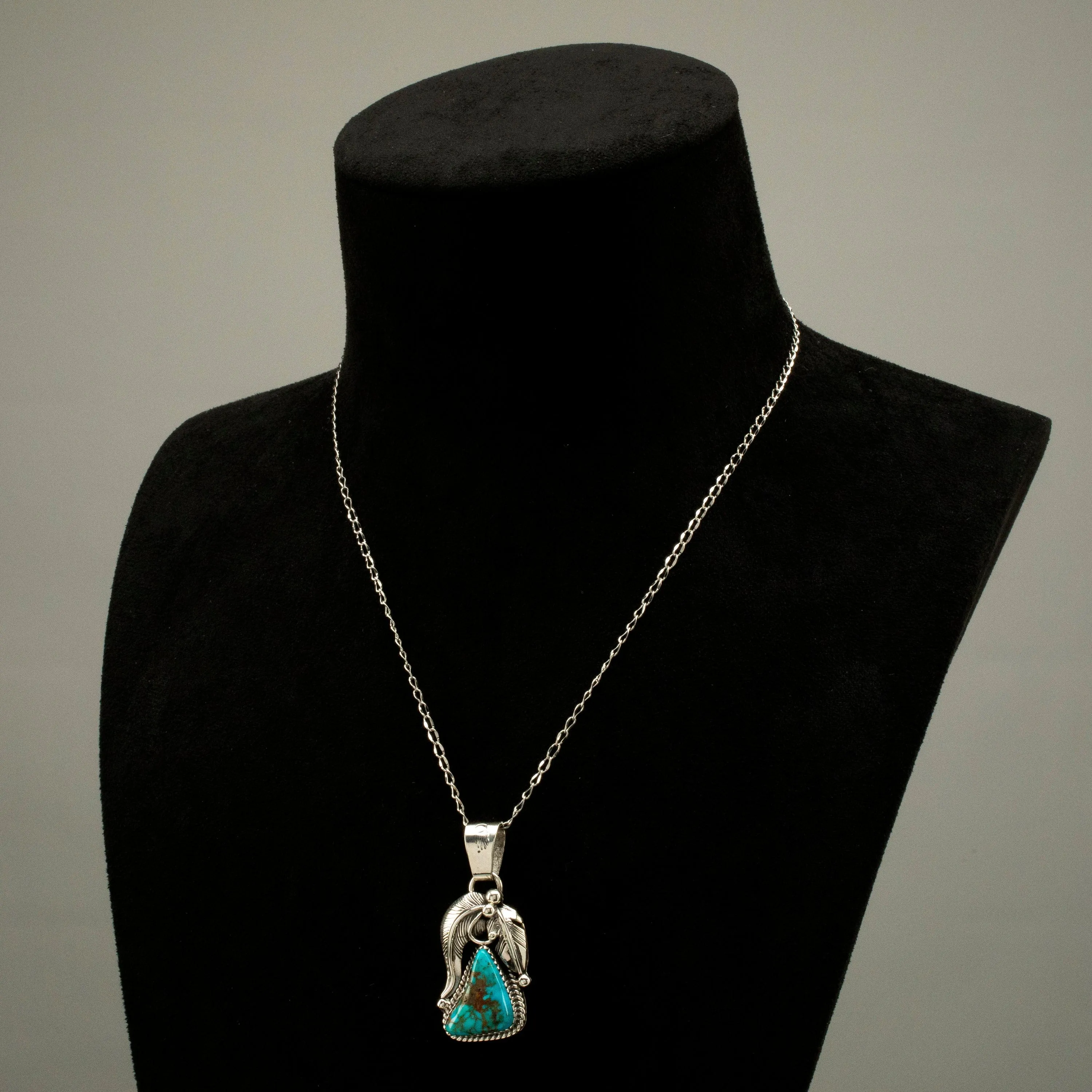 Joe Piaso Jr. Navajo King Manassa Turquoise & Feathers USA Native American Made 925 Sterling Silver Pendant