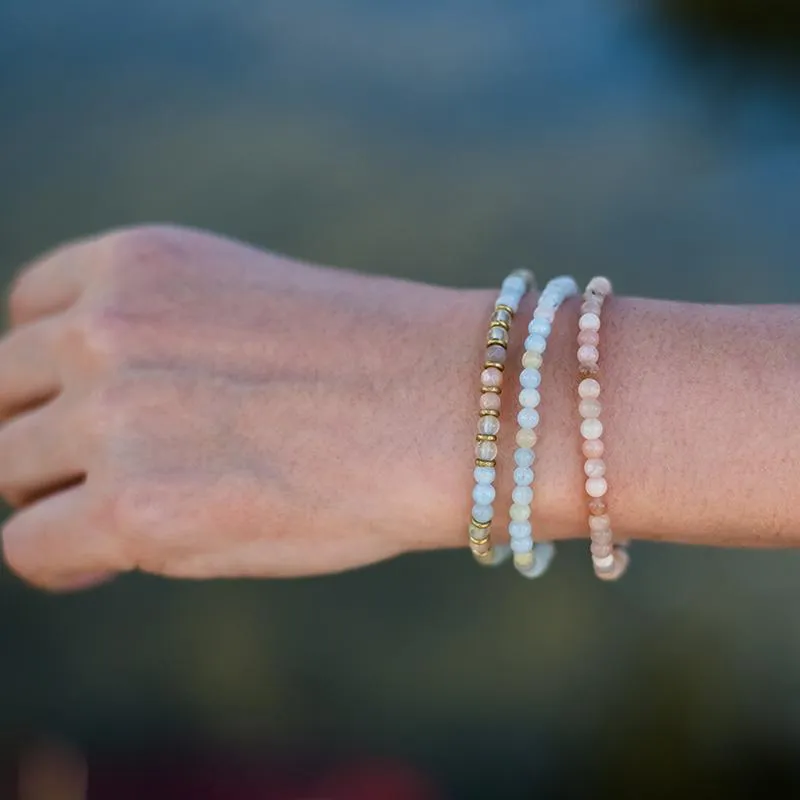 Joy and Calm Aquamarine Sunstone and Prehnite Delicate Bracelet Stack