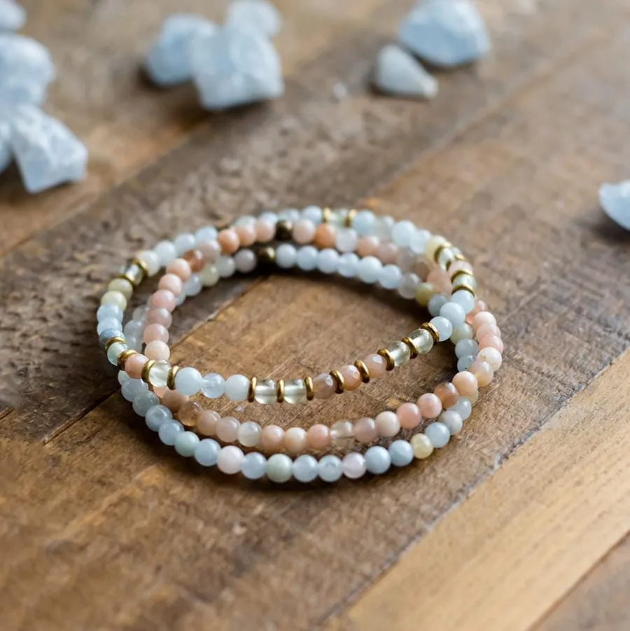 Joy and Calm Aquamarine Sunstone and Prehnite Delicate Bracelet Stack