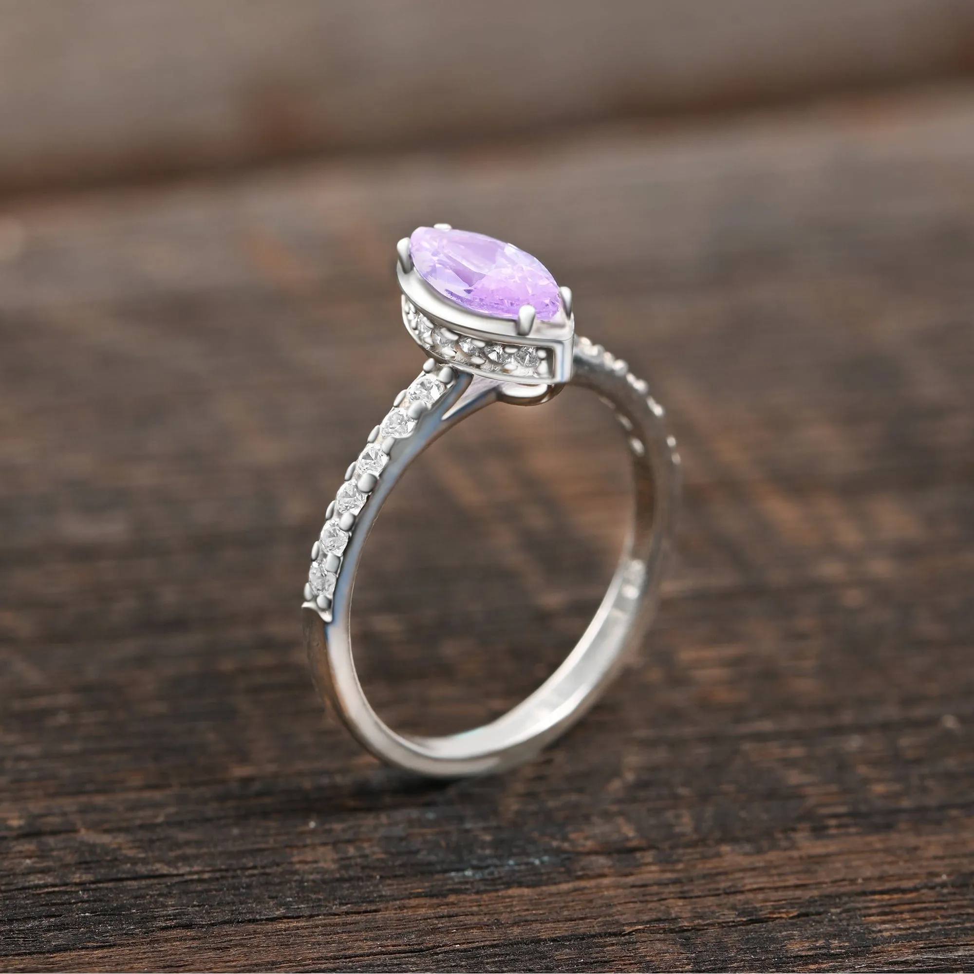 Lavender CZ Marquise Engagement Ring Vintage Silver