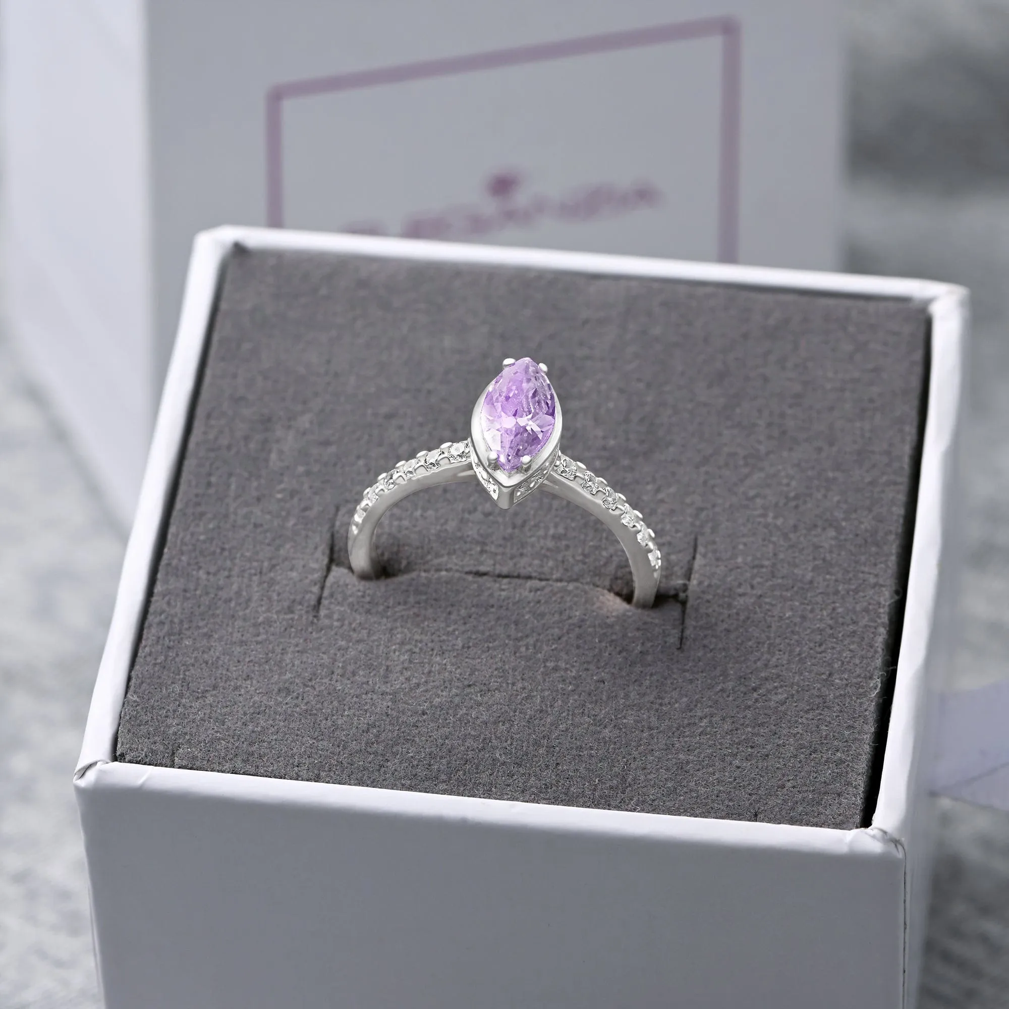 Lavender CZ Marquise Engagement Ring Vintage Silver