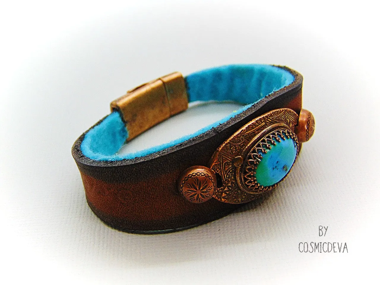 Leather Cuff Bracelet with Turquoise, Southwestern Style Cuff,  Size 7.5 inch