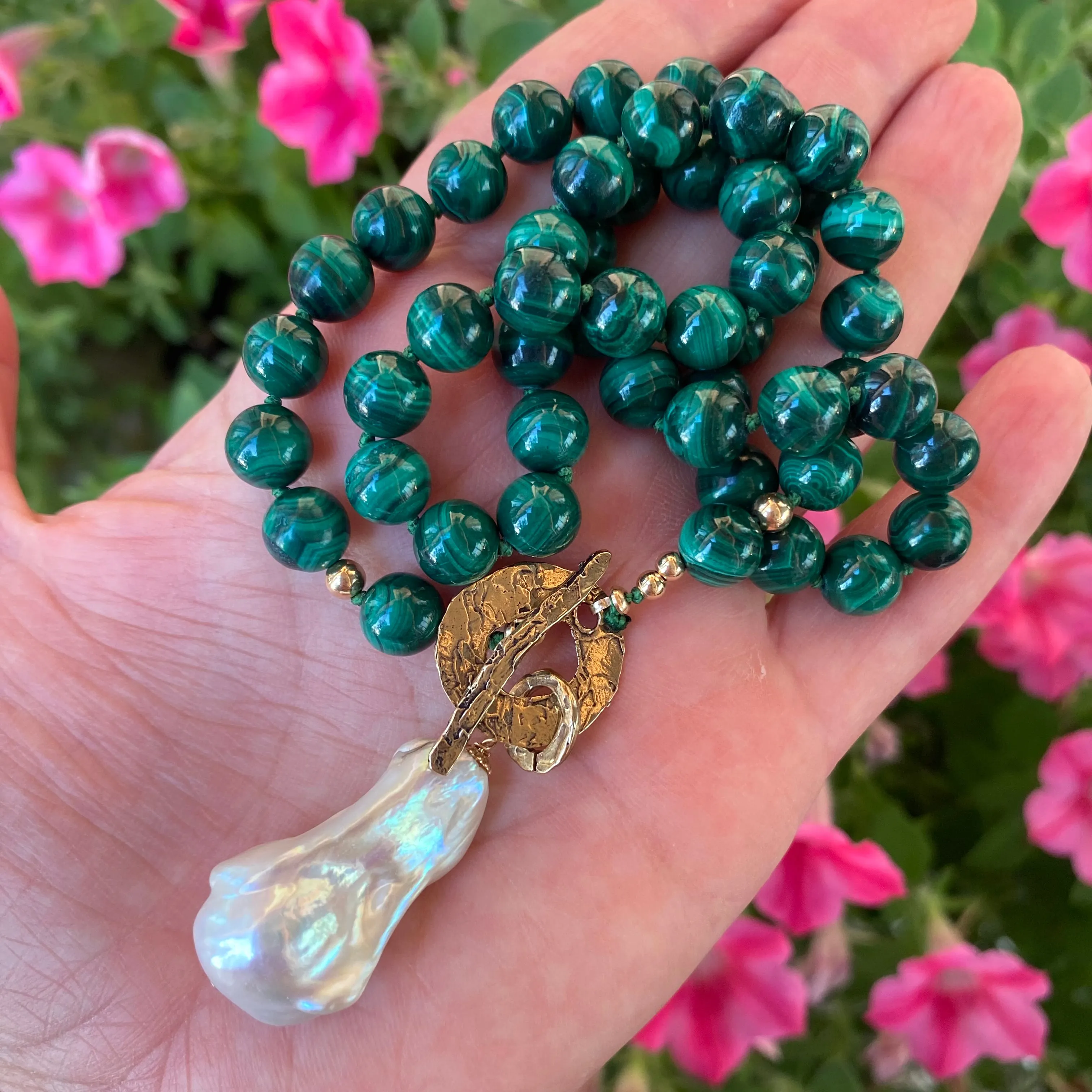 Malachite Toggle Necklace with Large Freshwater Baroque Pearl Pendant, Artisan Gold Bronze & Gold Filled Details, 19.5in