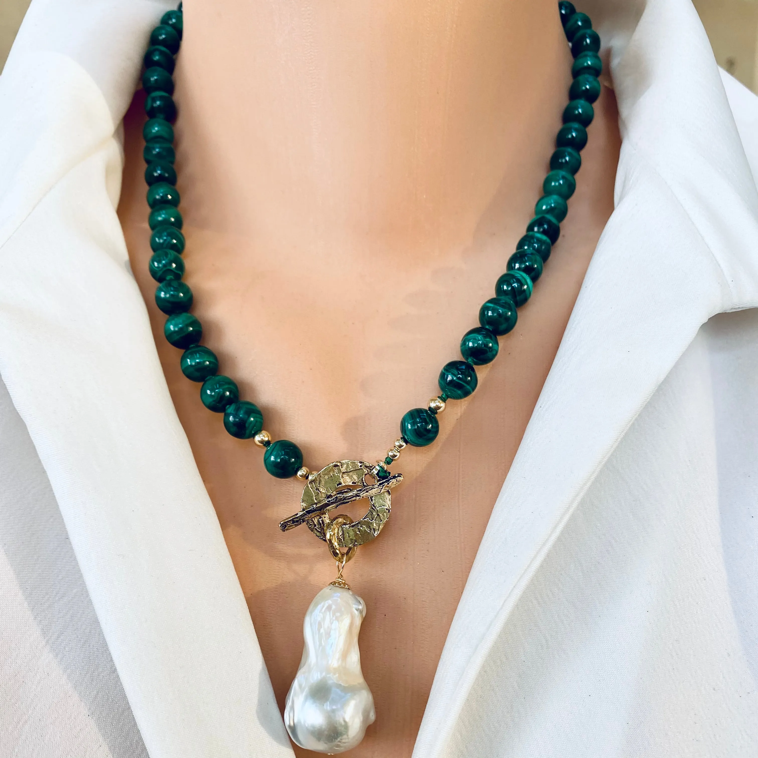 Malachite Toggle Necklace with Large Freshwater Baroque Pearl Pendant, Artisan Gold Bronze & Gold Filled Details, 19.5in