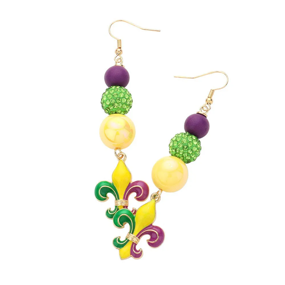 Mardi Gras Triple Bead Fleur de Lis Link Dangle Earrings