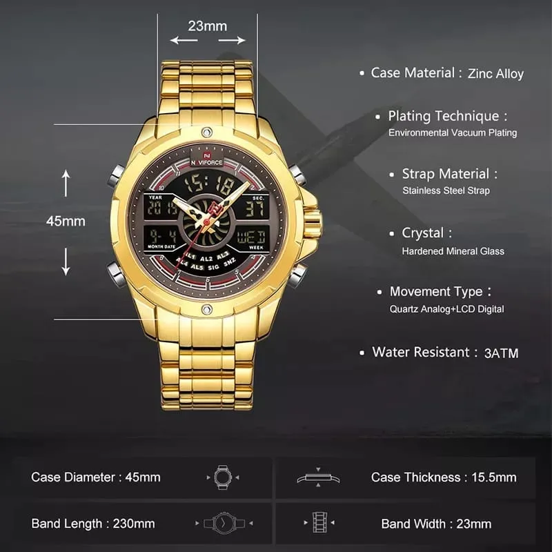 MEN METALLIC STRAP WATCH - GOLD