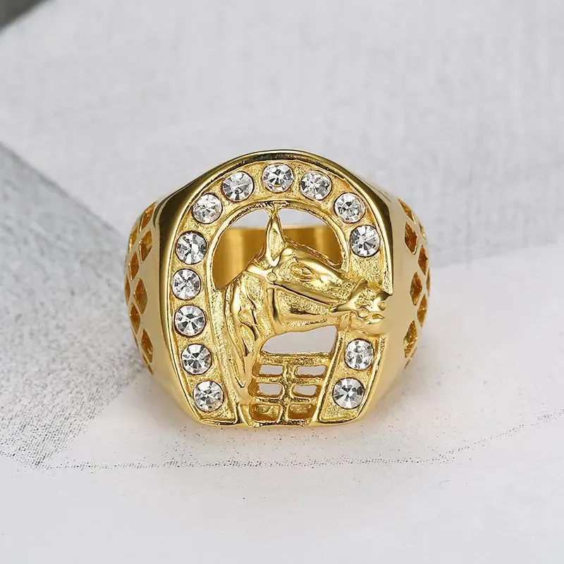 Men Women Stainless Steel Ring Horse Head Ice Out Ring