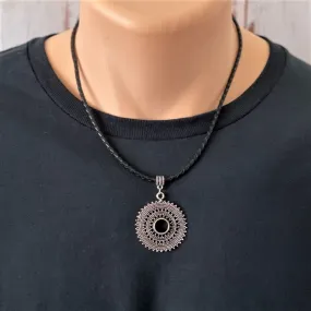 Mens Black Leather and Silver Disc Necklace