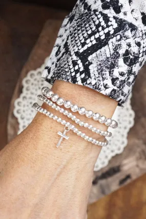 Minimal Cross charm Stretchy Bracelet Set in Silver tone with Ball Beads