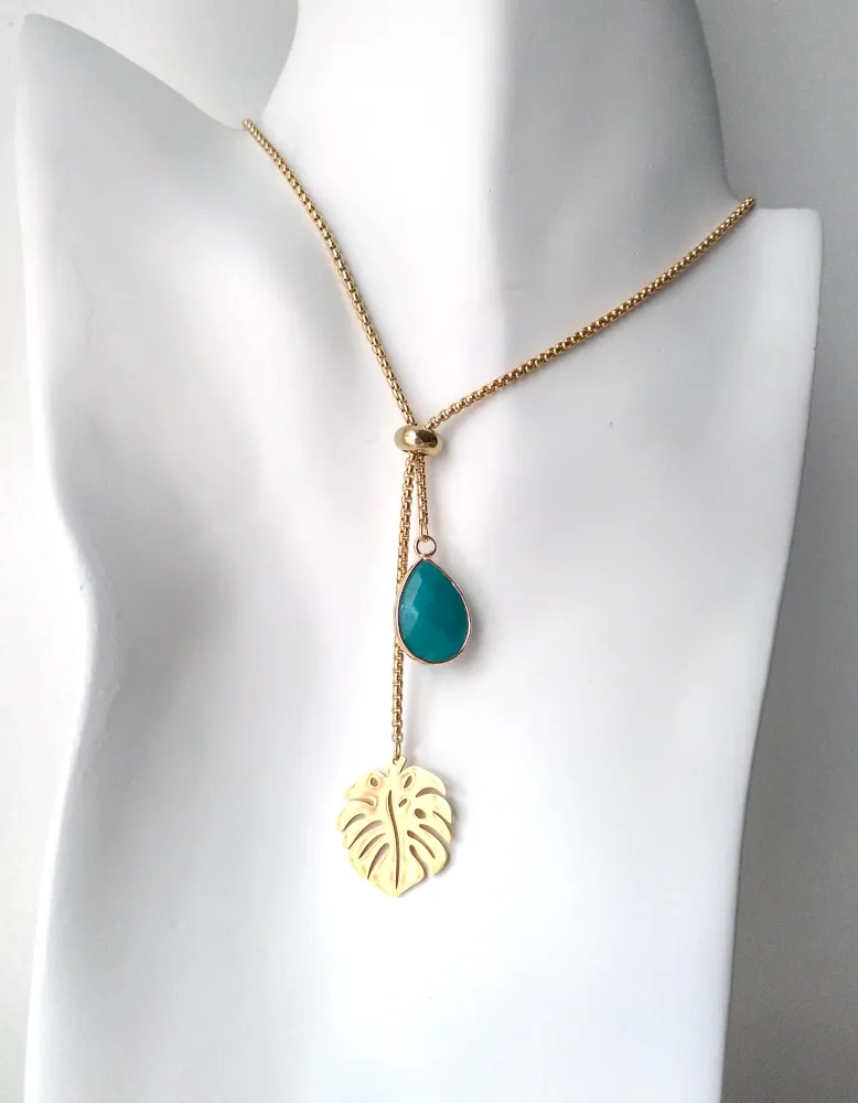 Monstera Charm with Teal Jade Slider Necklace