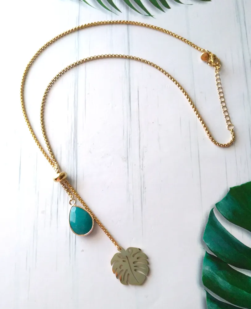 Monstera Charm with Teal Jade Slider Necklace