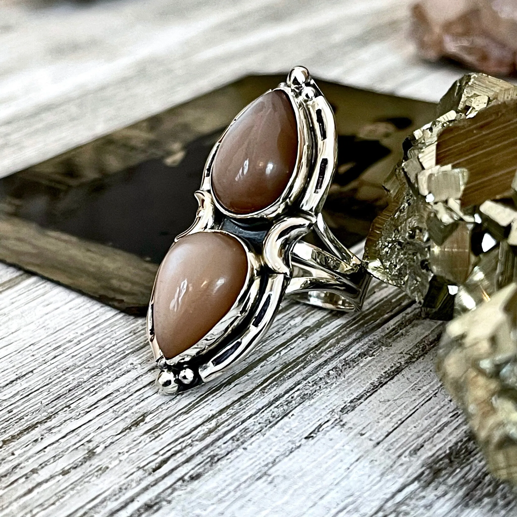 Mystic Moons Peach Moonstone Crystal Ring in Sterling Silver 925- Designed by FOXLARK Collection Size 5 6 7 8 9 10 11 or Adjustable