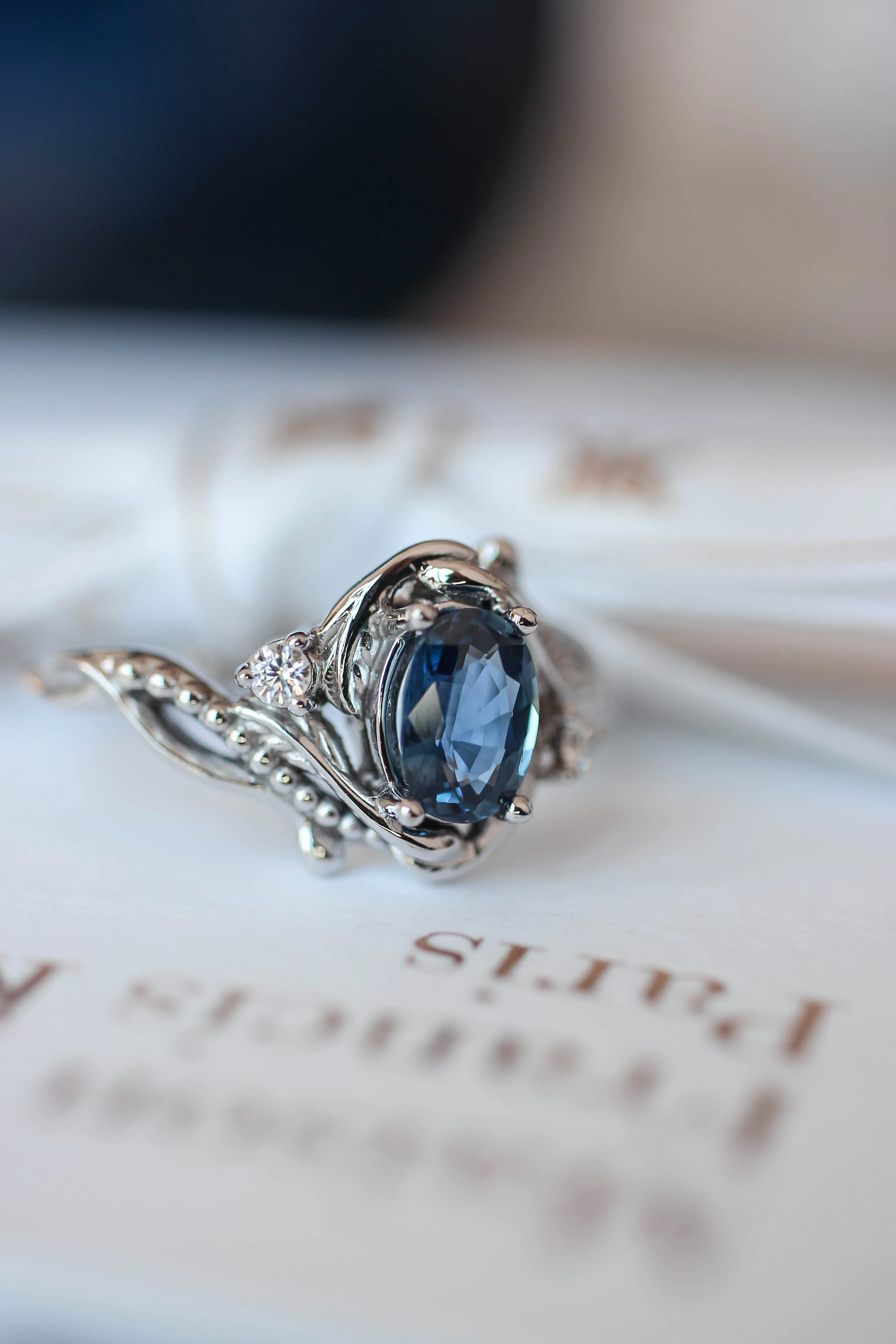 Natural blue sapphire engagement ring with accent diamonds / Undina