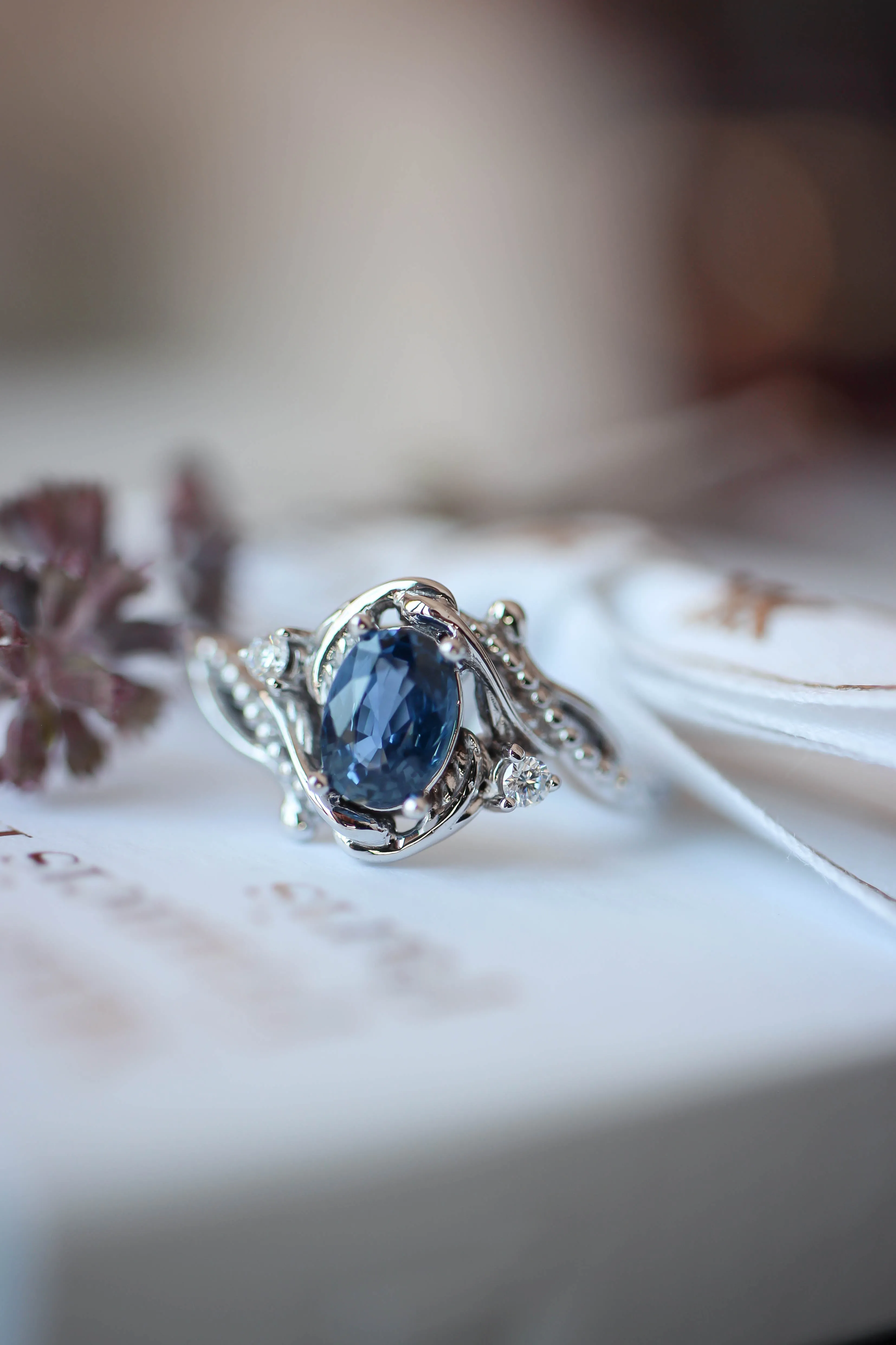 Natural blue sapphire engagement ring with accent diamonds / Undina