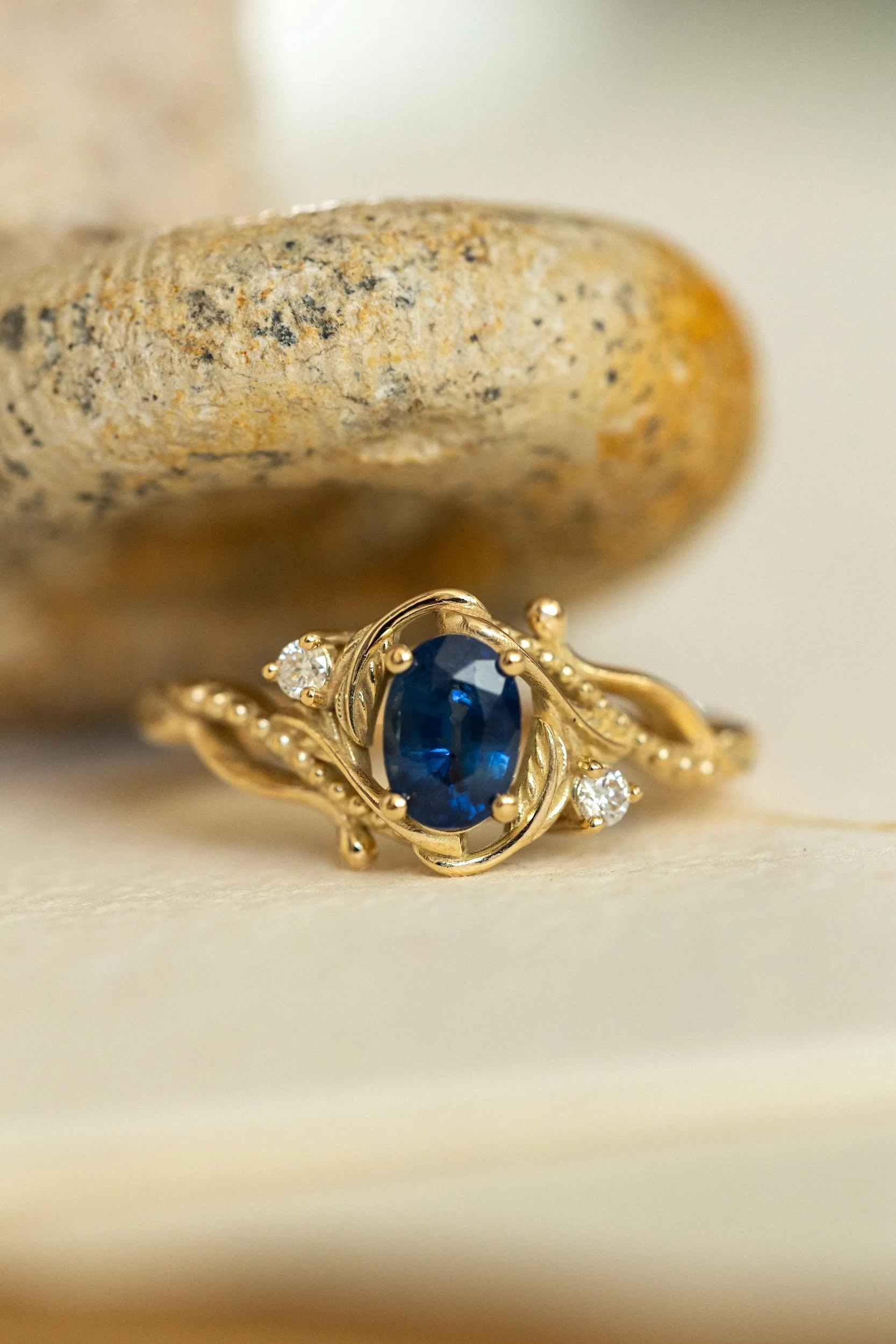 Natural blue sapphire engagement ring with accent diamonds / Undina