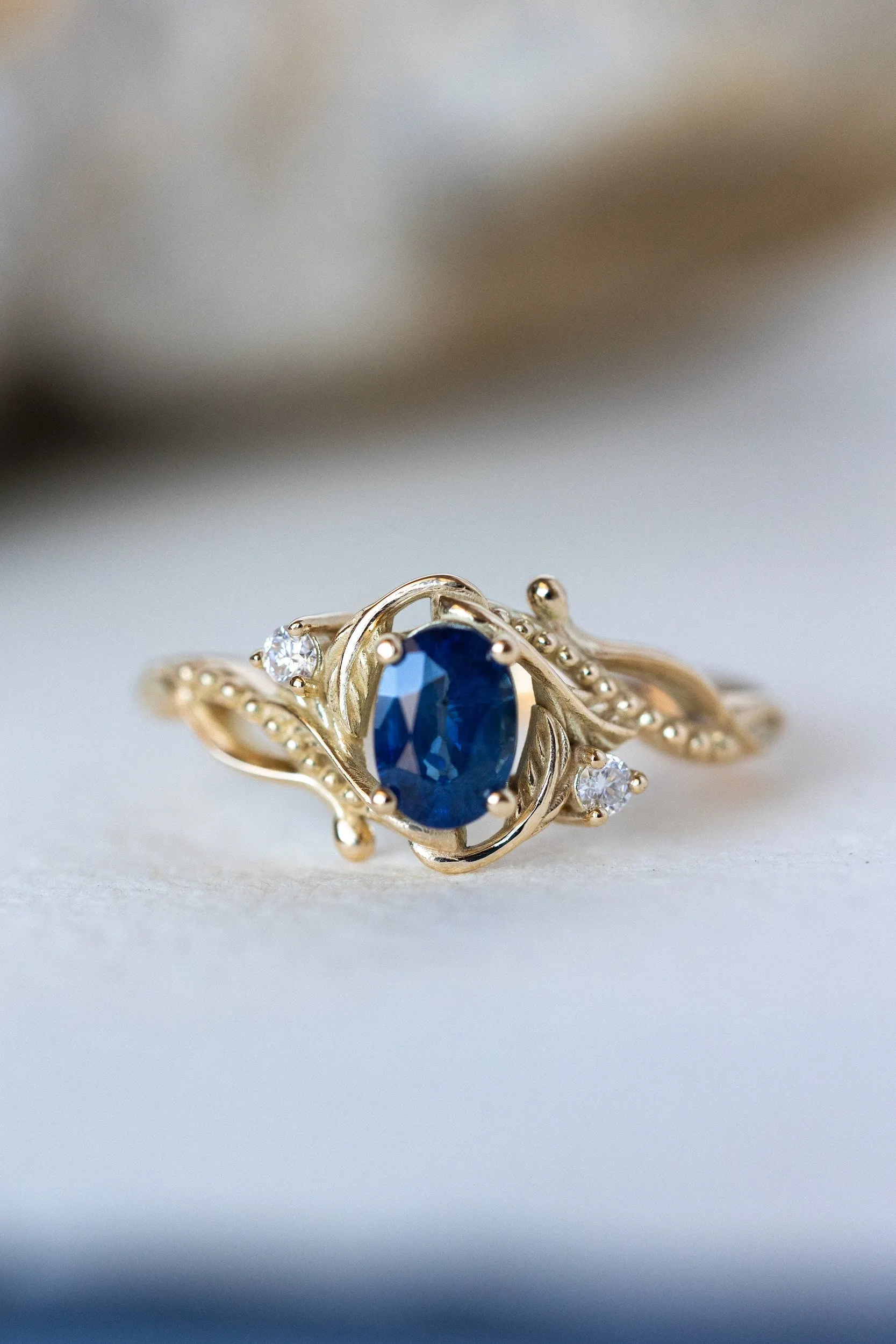 Natural blue sapphire engagement ring with accent diamonds / Undina