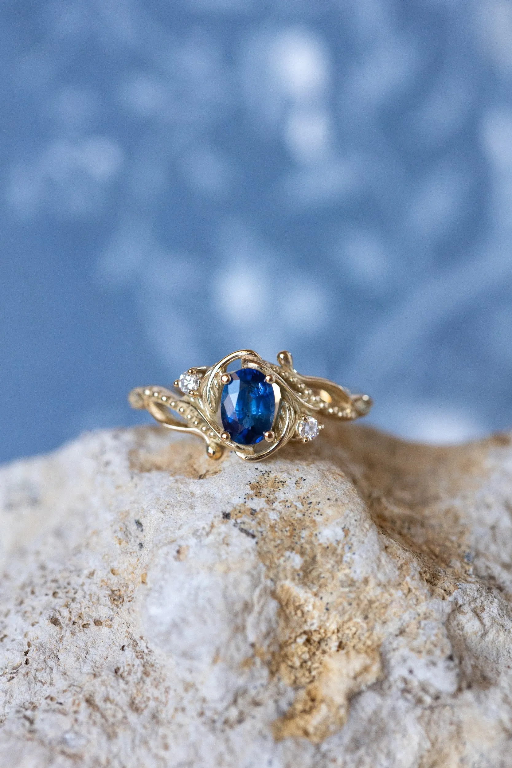 Natural blue sapphire engagement ring with accent diamonds / Undina