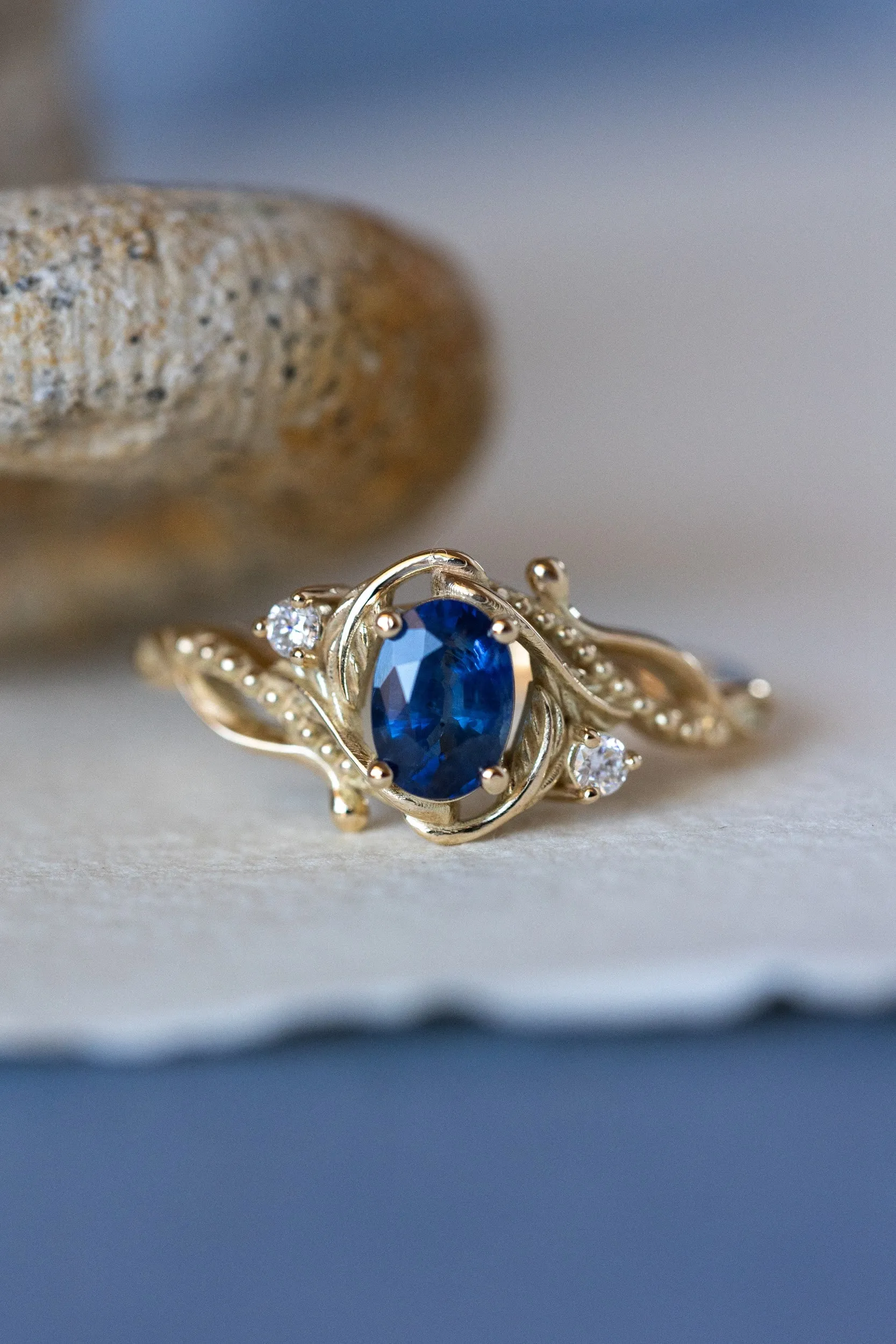 Natural blue sapphire engagement ring with accent diamonds / Undina