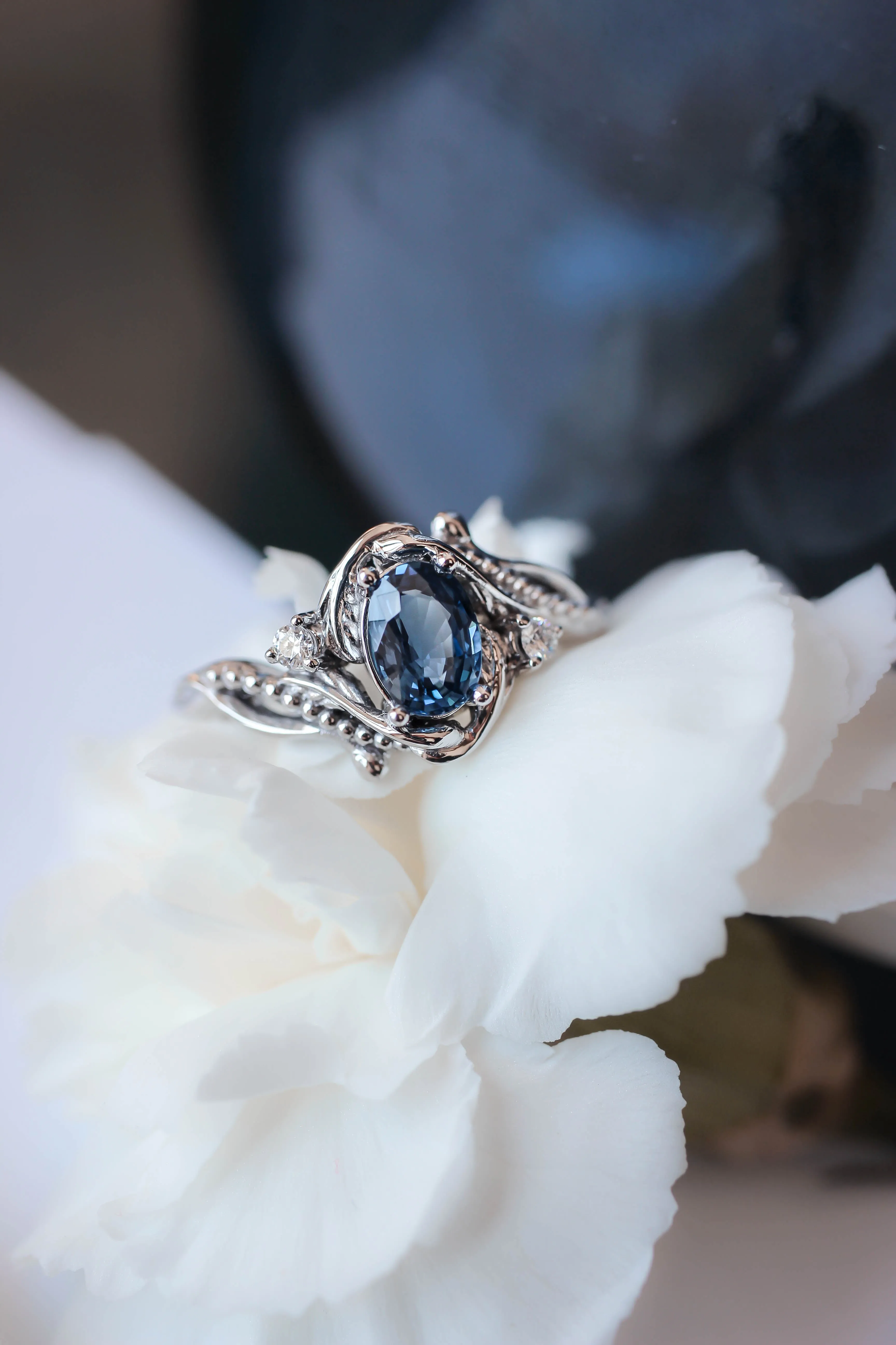 Natural blue sapphire engagement ring with accent diamonds / Undina