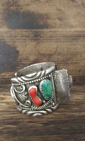 NELSON EMERSON 70s Navajo Large Silver & Turquoise Watch Cuff