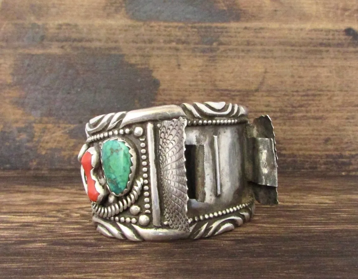 NELSON EMERSON 70s Navajo Large Silver & Turquoise Watch Cuff