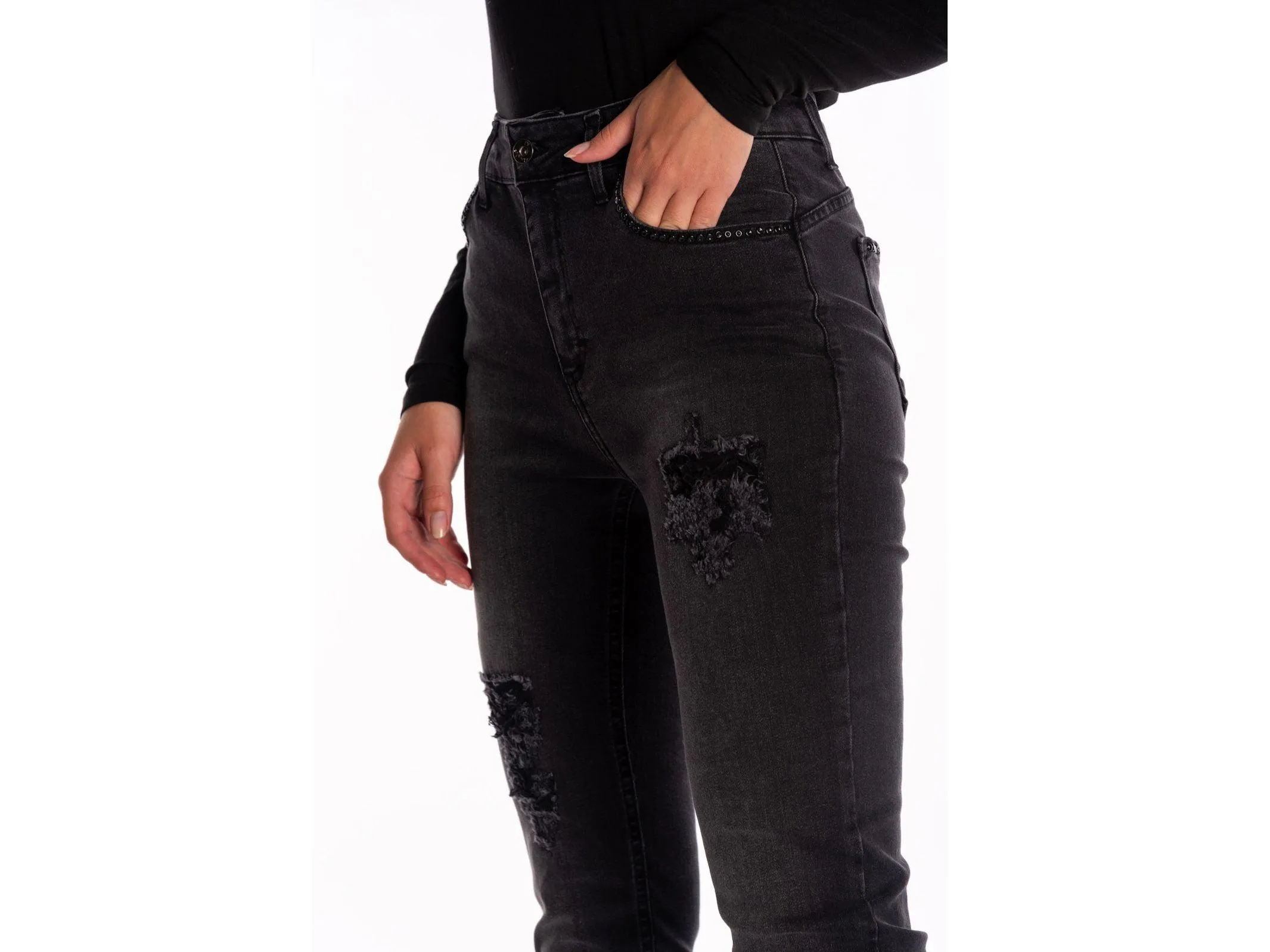 NO-NA' Jeans Strappati Borchiette Nero 3620 T76