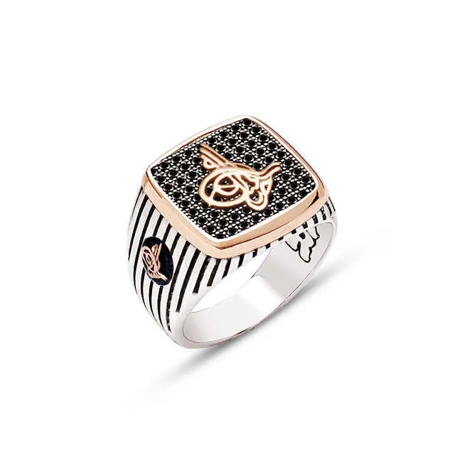 Ottoman Tughra on Black Zircons Square Silver Men’s Ring Siding Striped Pattern and Ottoman Tughra