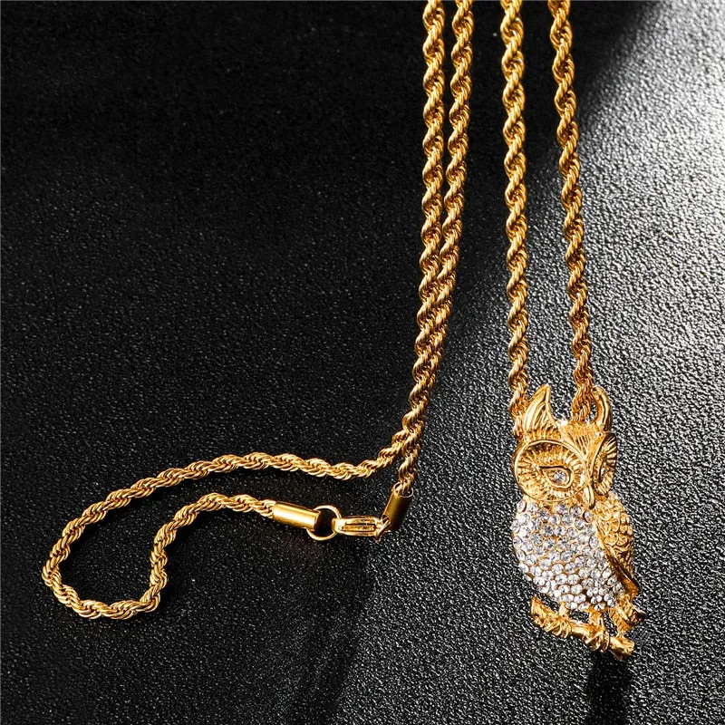 Pave-Set Crystal-Studded Owl Bling Stainless Steel Hip-hop Pendant Necklace