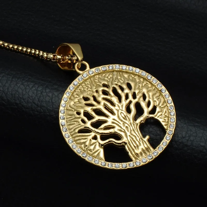 Paved Crystal-Studded Gold-Plated Tree of Life Bling Stainless Steel Hip-hop Pendant Necklace