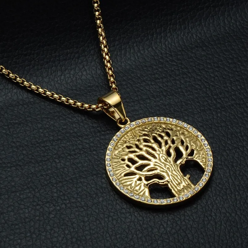 Paved Crystal-Studded Gold-Plated Tree of Life Bling Stainless Steel Hip-hop Pendant Necklace