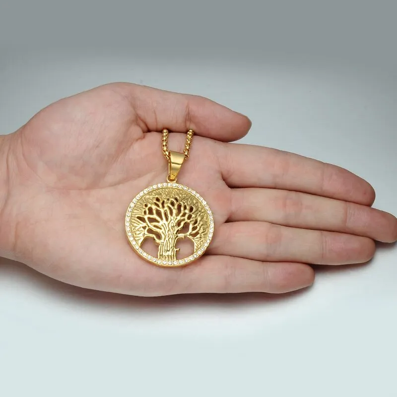 Paved Crystal-Studded Gold-Plated Tree of Life Bling Stainless Steel Hip-hop Pendant Necklace