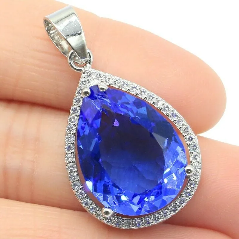 Pear Shape Created Blue Tanzanite Sterling Silver Necklace