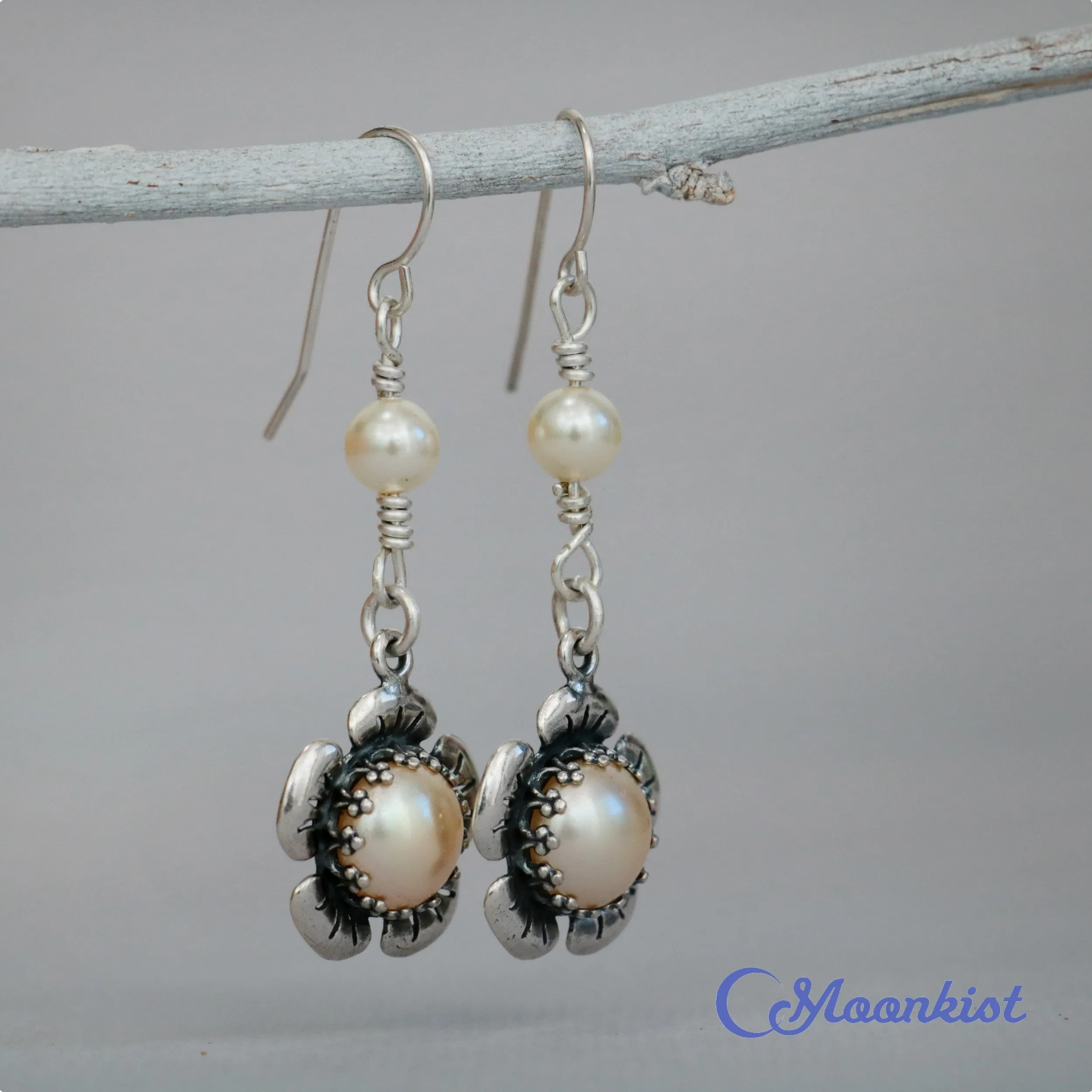 Pearl Earrings with Sterling Silver Flowers | Moonkist Designs