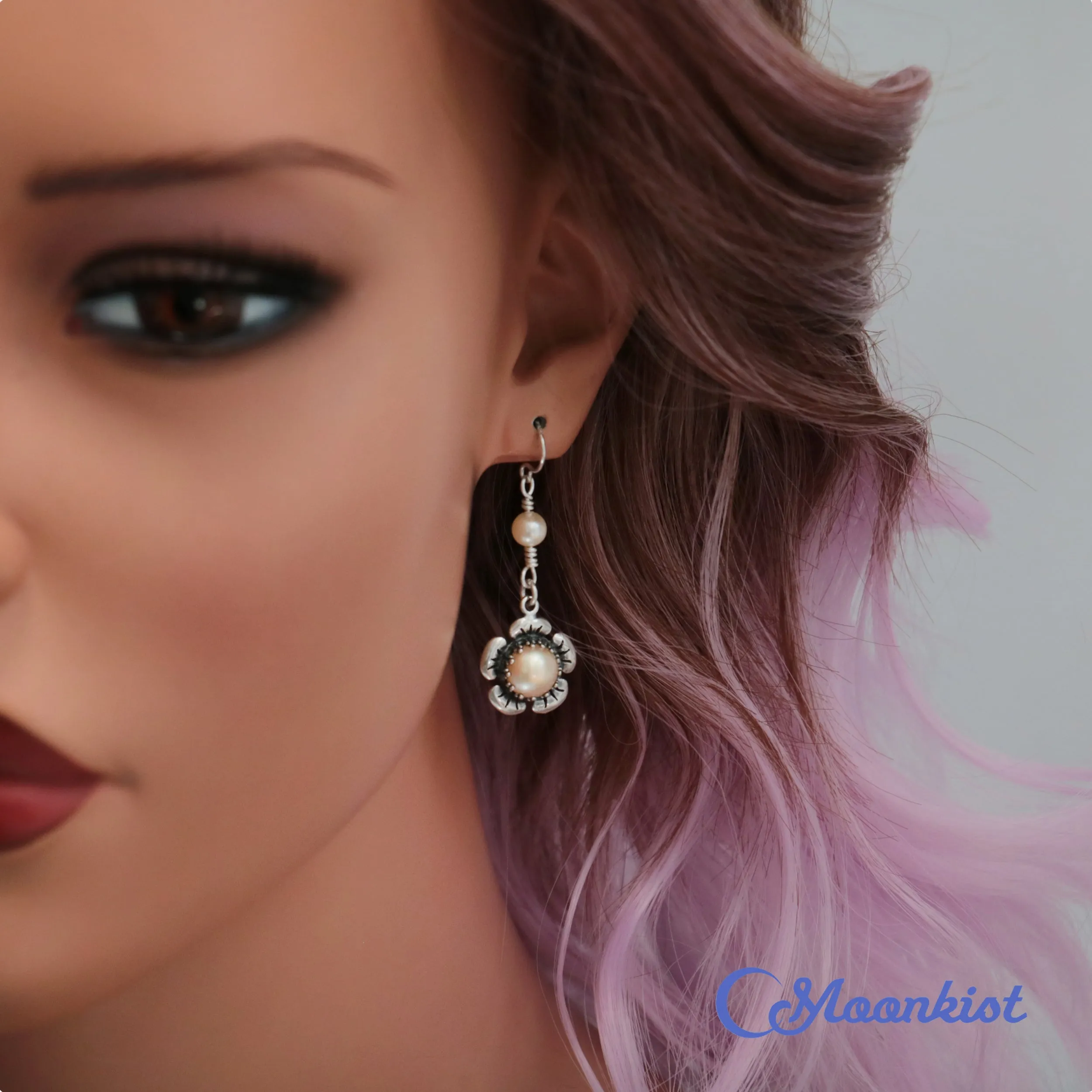 Pearl Earrings with Sterling Silver Flowers | Moonkist Designs