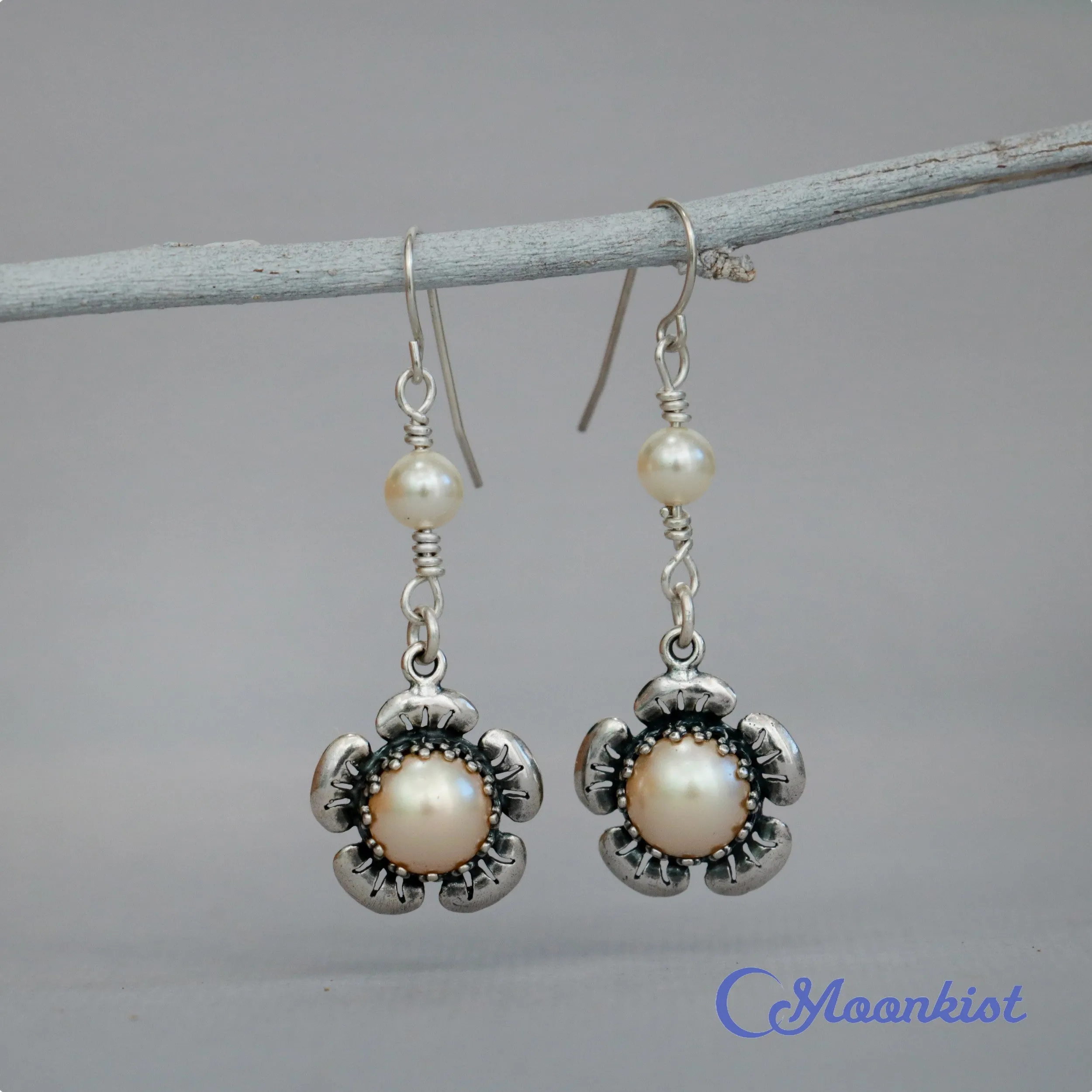 Pearl Earrings with Sterling Silver Flowers | Moonkist Designs